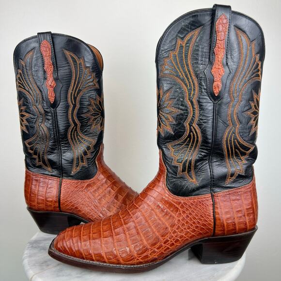 Black Jack Men's Orange Black Caiman Belly Square Toe Exotic Cowboy Boots 11.5 - Picture 12 of 12